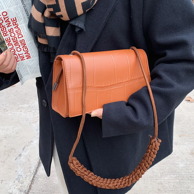 

Luxury Stone Pattern Leather Bag for Women Classic Small Flap Shoulder Bags Lady Vintage Knit Handle Crossbody Handbag and Purse
