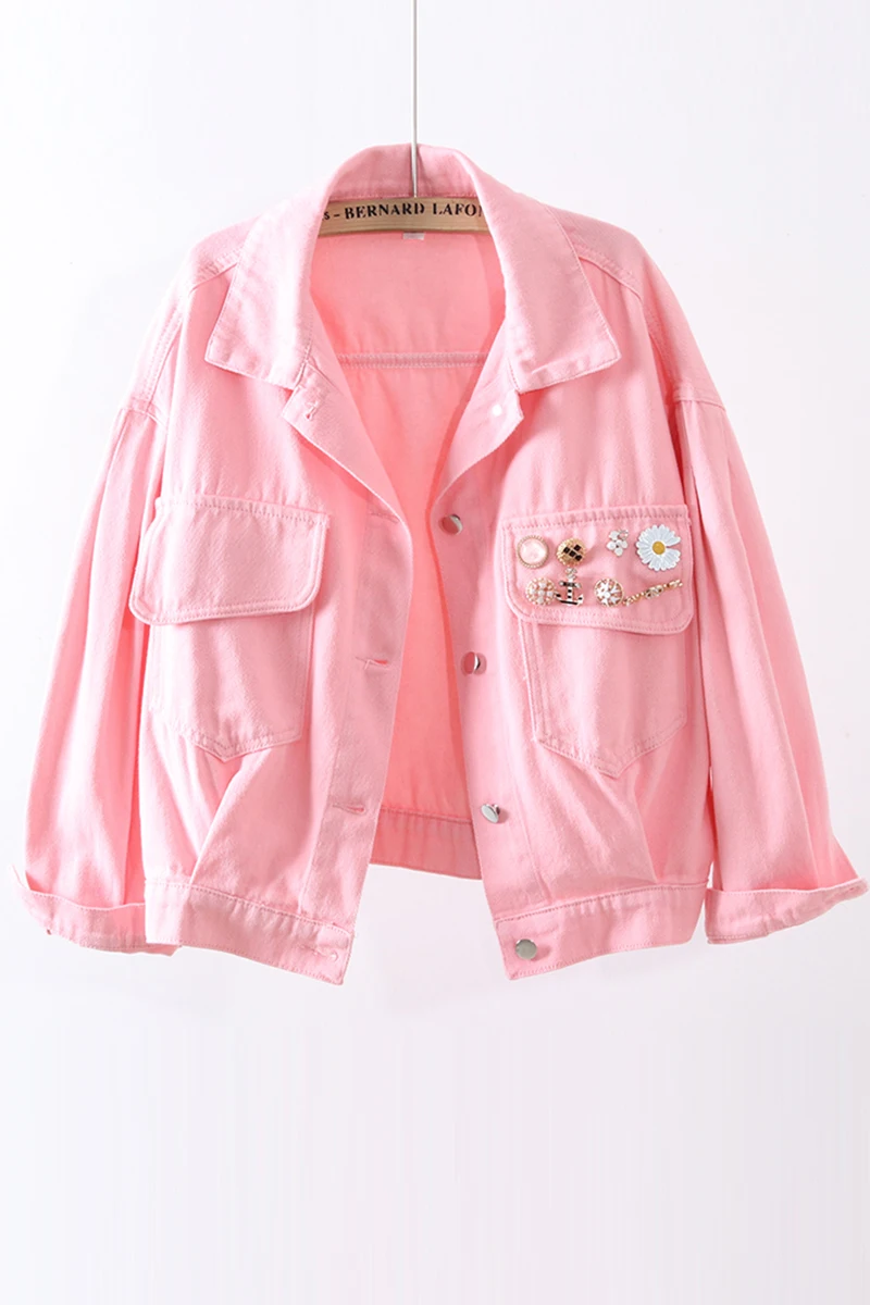 Женская джинсовая куртка Vefadisa однобортная с отворотом и цветком розовая