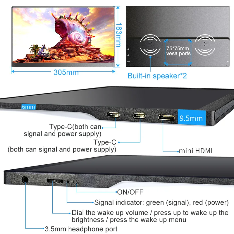 저렴한 13.3 휴대용 모니터 4K USB 유형 C HDMI 전화 PS4 Xbox 스위치 게이머 Extender 화면 3840X2160 모바일 LCD 디스플레이 케이스