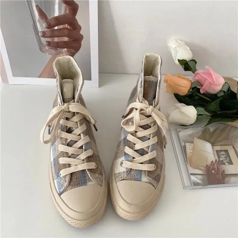 

High-top Platform JK Canvas Women Shoes Retro Lace-up Ladies Casual Sneakers Students Grid Brown Girl Casual Shoes