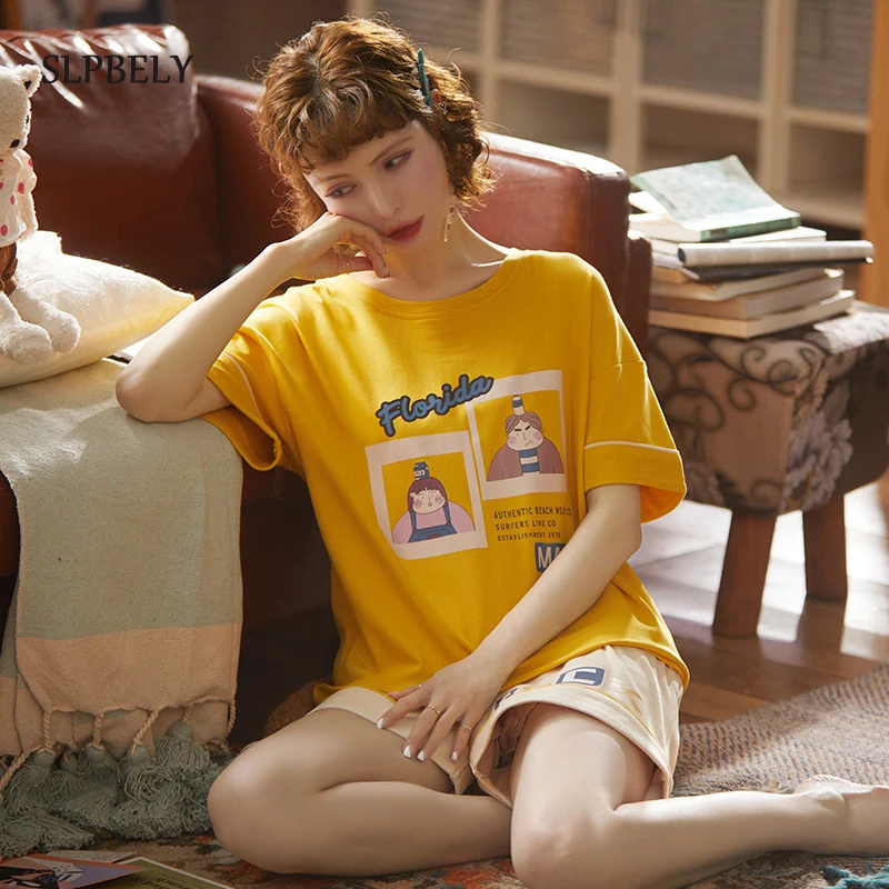 

SLPBELY Women's Pajamas Pyjamas Set Summer Cartoon Short Sleeve Mujer Pijama Sleepwear Homewear Nightwear Suit With Shorts 2021