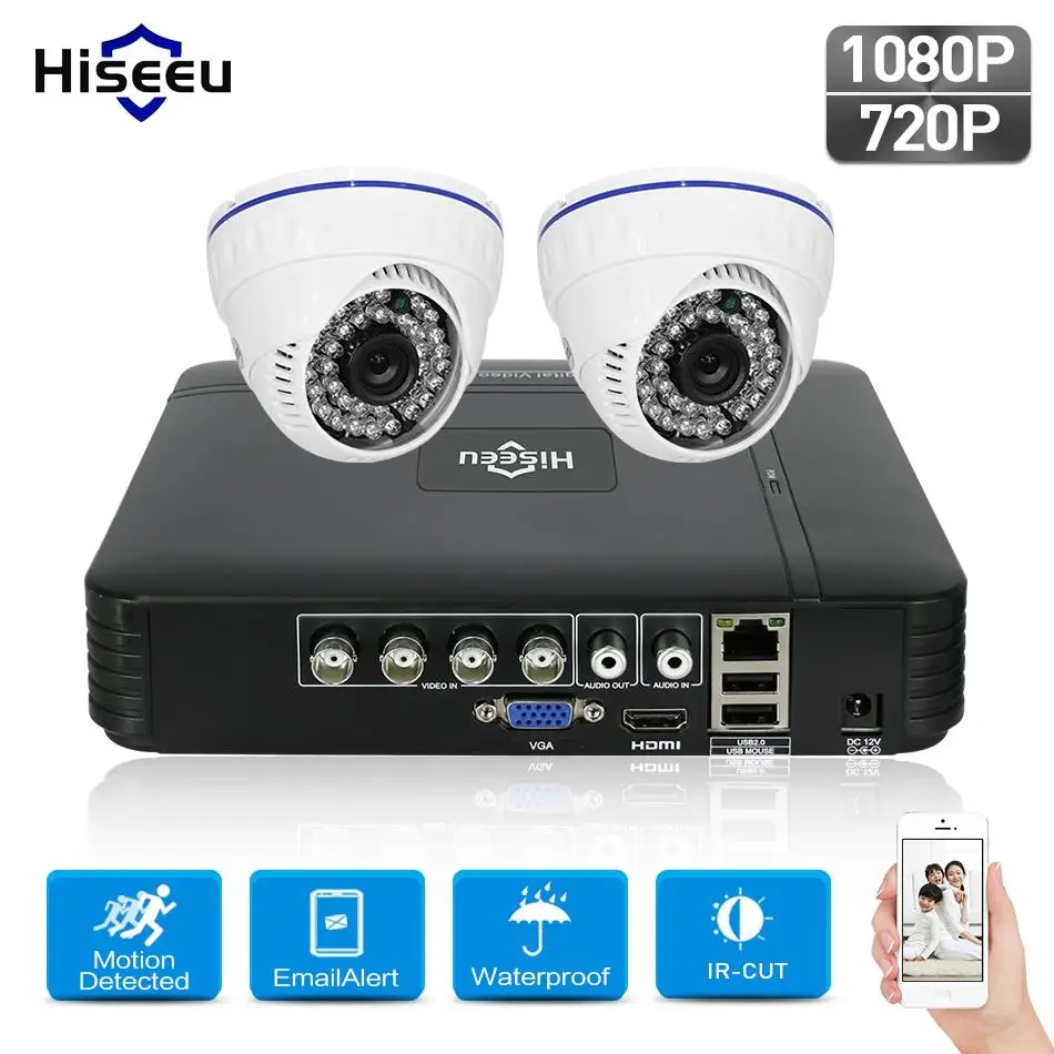 Система видеонаблюдения Hiseeu 720P/1080P AHD DVR комплект 4 канала купольная система