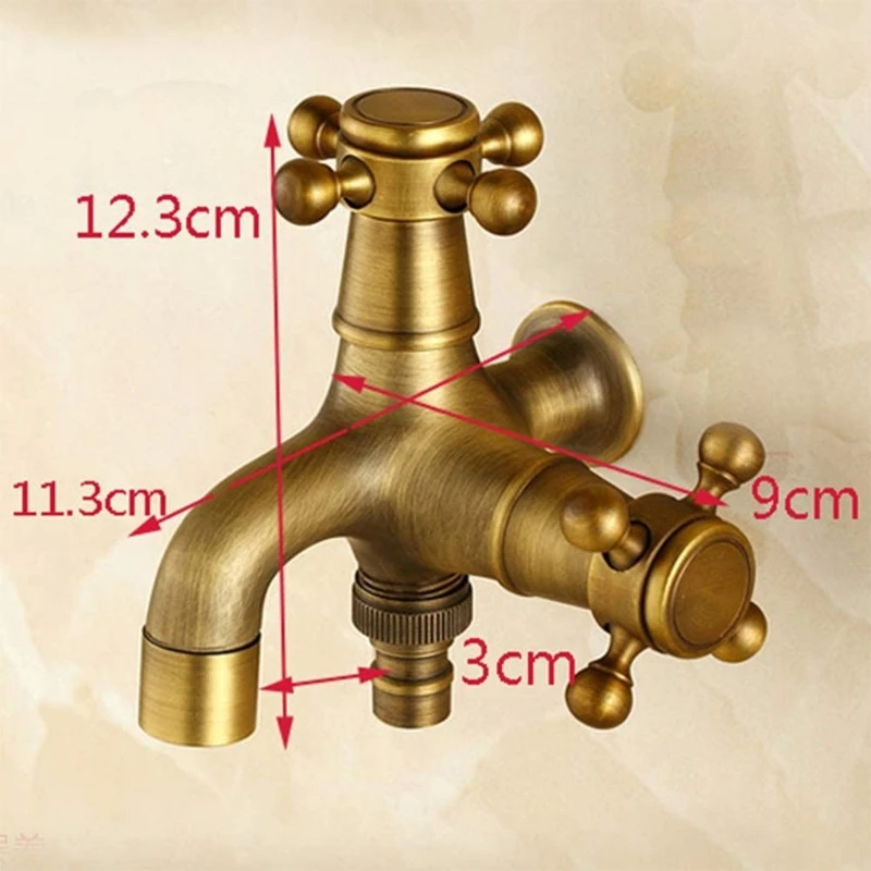 

L38A Brass Bathroom Sink Faucets Washing Machine Mop Pool Faucet 2 Switches 2 Water Outlets Bathtub Garden Antique Style