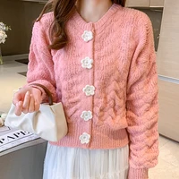wkfyy women causal sweet knitted solid flower buttons striped o neck single breasted loose cardigan sweater outwear tops m4004