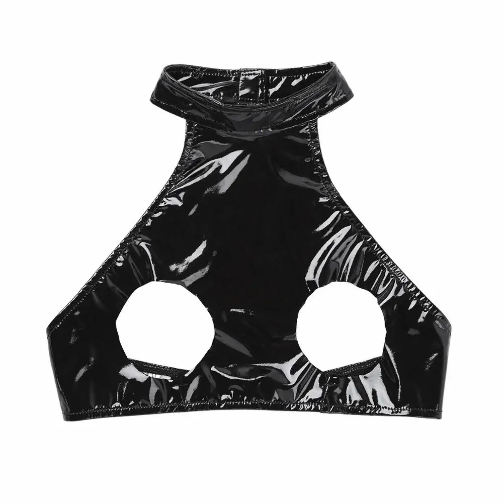 Женский модный короткий топ из искусственной кожи Черное Кожаное бикини без