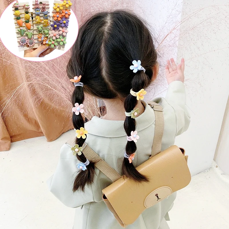 

10 pcs Cartoon Elastic Hair Bands for Girls Kids Lovely Rabbit Frog Colorful Flowers Plants Fruit Hairband Rope Hair Accessories