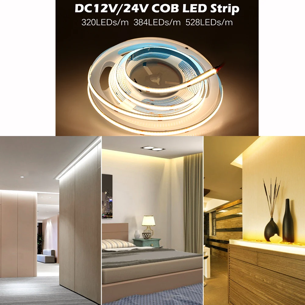 

COB LED Strip Light 384 528 LEDs High Density Flexible FOB COB Led Lights RA90 Warm Nature Cool White Linear Dimmable DC12V 24V