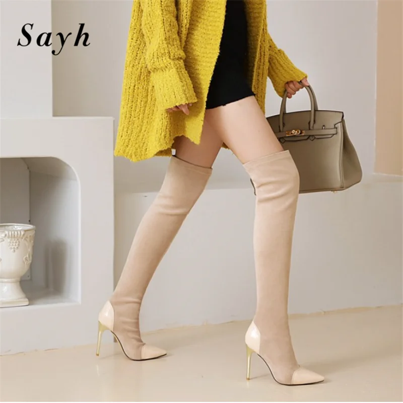 

2020 Autumn/Winter Woman Splice Pointed Toe Thin Heel Over Knee Boots For Women Slim Stretch Boots High Heels Stilettos Shoes