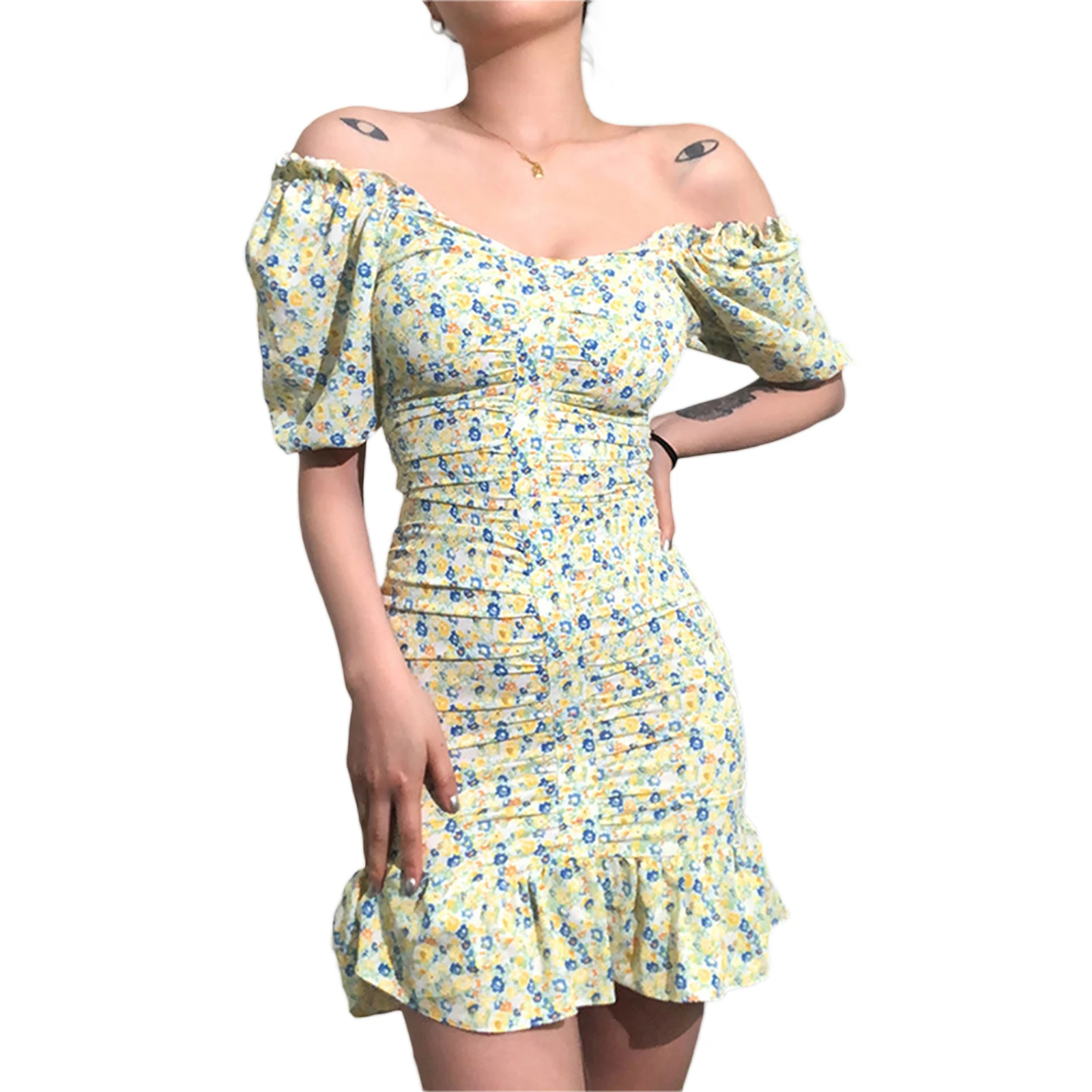 

Summer Floral Dress for Women 2021, Adults Off-shoulder Ruffled V-neck Short Sleeve Siamese