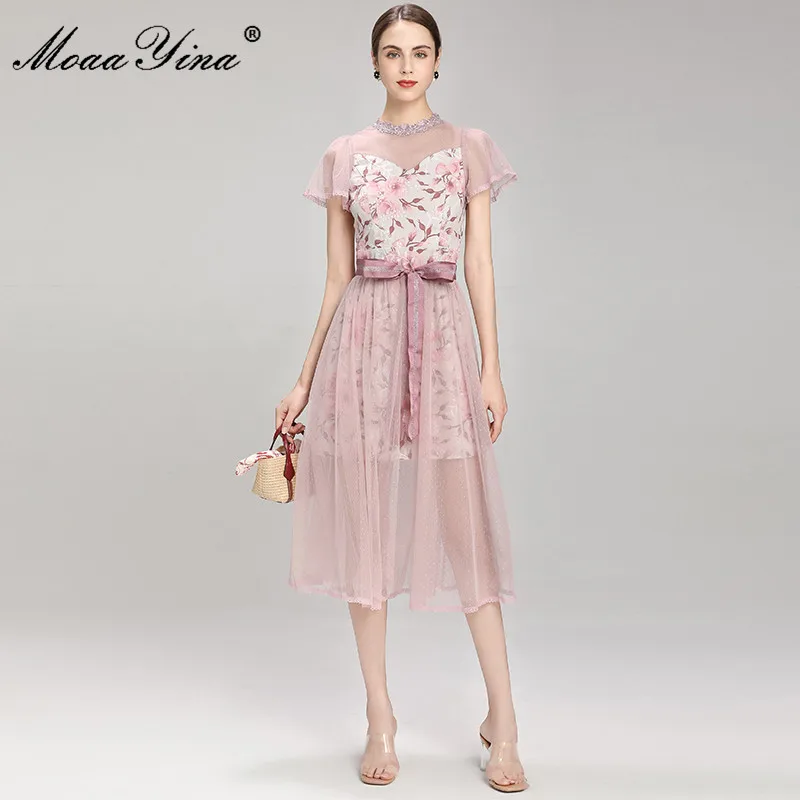 

MoaaYina Fashion Designer Summer Skirts Suit Women's Short sleeve Flower print Mini Dress＋Pink mesh Skirts Set