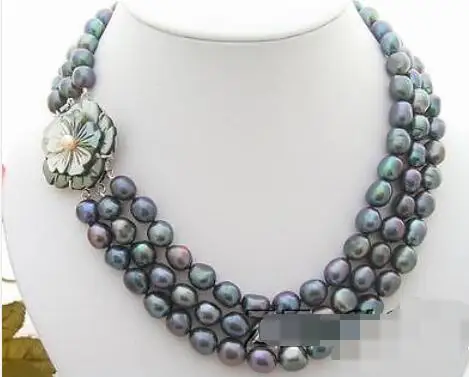 

N0903038 3Strds 9-10mm Black Baroque Pearl Necklace-Cameo Flower Clasp