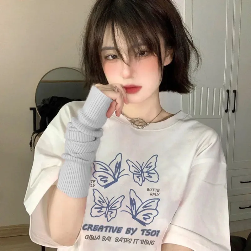 

Butterfly print Short Sleeve Streetwear Women Harajuku T-shirt vintage clothes tshirt Oversized Kawaii tops tee Female clothing