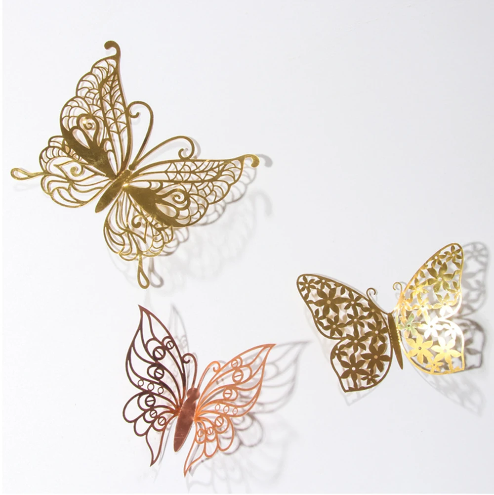 12PCS 3D Wall Stickers Hollow Rose Gold/Golden/Silver Butterfly Wall Stickers DIY Art Home Decor Wall Decals Wedding Cake Decor