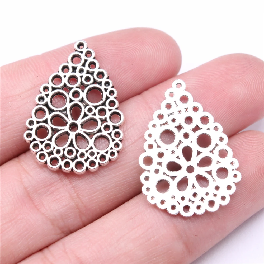 

WYSIWYG 10pcs Charms 27x20mm Water Drop Flower Charms For Jewelry Making DIY Jewelry Findings Antique Silver Color Alloy Charms
