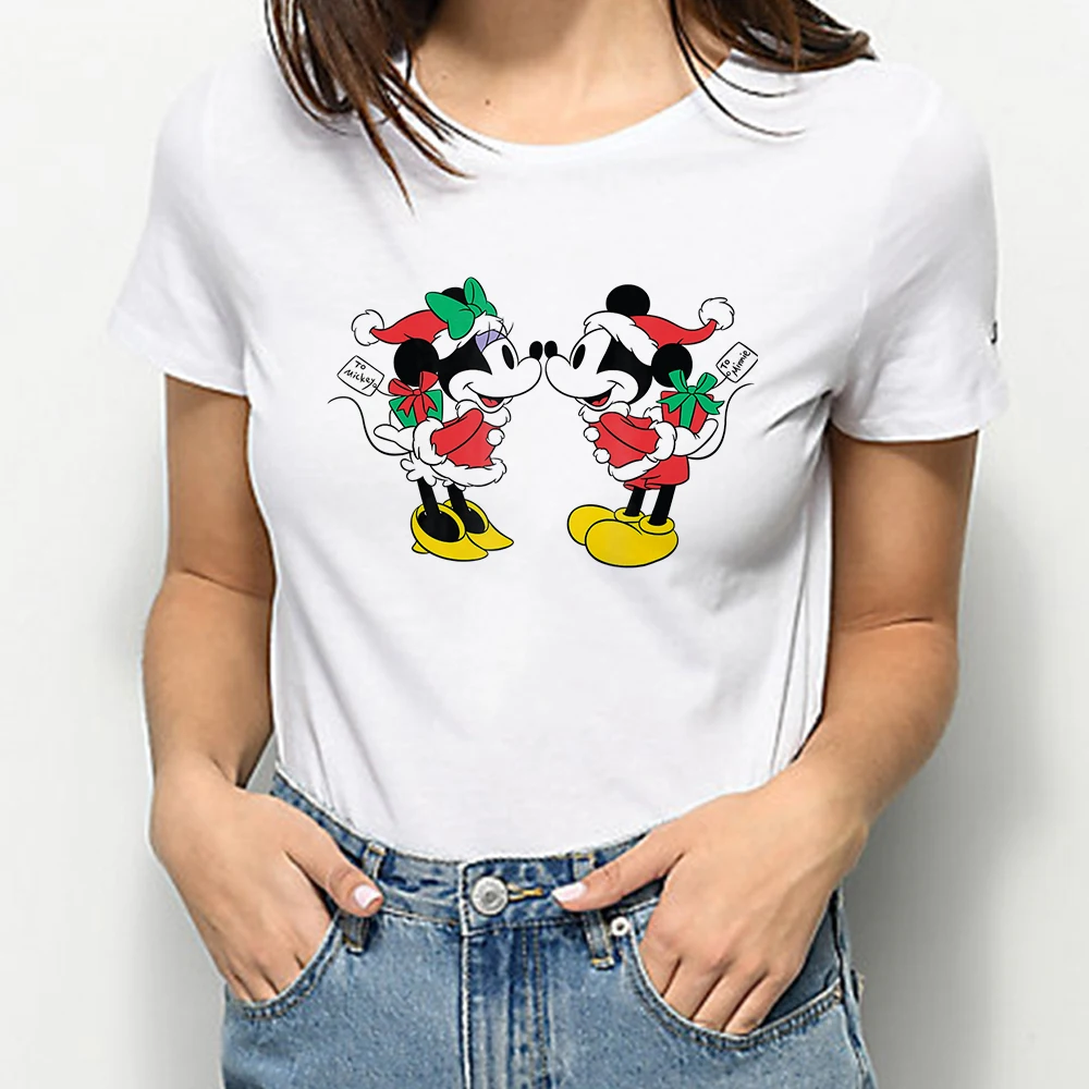 

Merry Christmas New Years T Shirt Disney Mickey and Minnie Print Women Tshirt Cute Fashion Shirt Fine Gift 2022 New Lady Tops