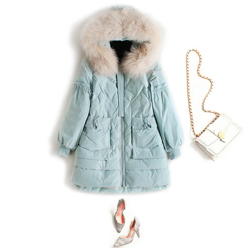 Женская новая длинная куртка с капюшоном на утином пуху большим меховым