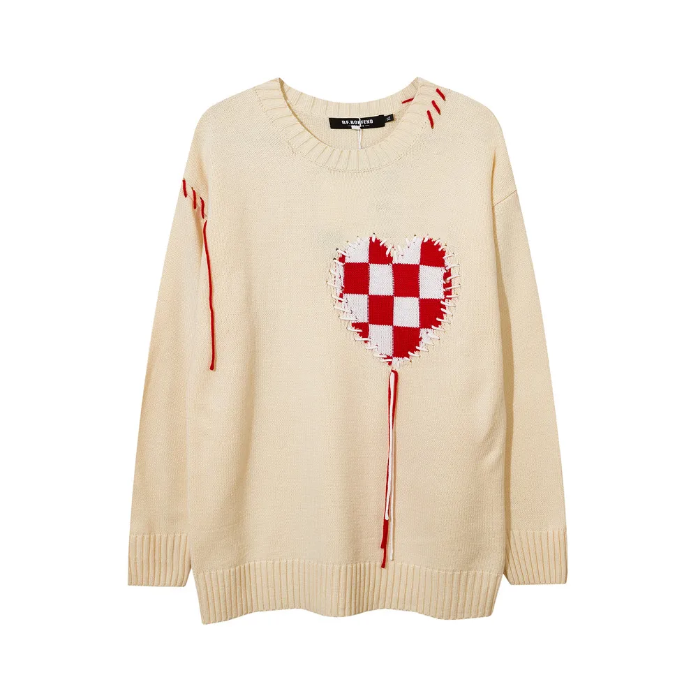 

Harajuku Men Sweater Checkerboard Heart Patch Knitted Pullover Streetwear Autumn Winter Vintage Couple Loose Cotton Sweater Tops
