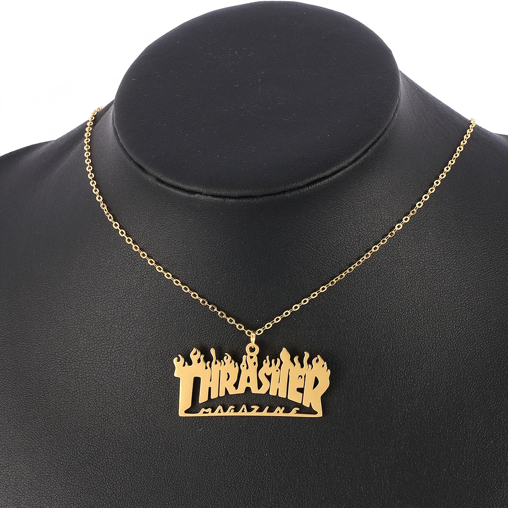 Hip-Hop Stainless Steel Necklace Magazine Flame Pendant Men Rock Titanium Gold Chain Necklace Fashion Man Jewelry