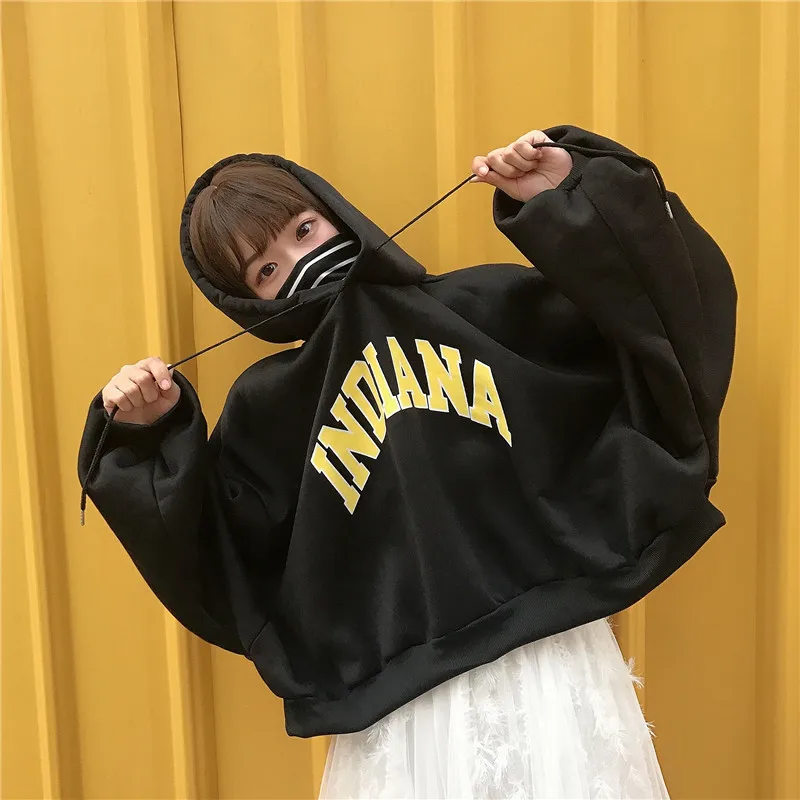 

Womens Hoodie All-match Leisure Simple Trendy Hoodies Women Hooded Oversize Thick Plus Velvet Loose False Two-piece Letter Print