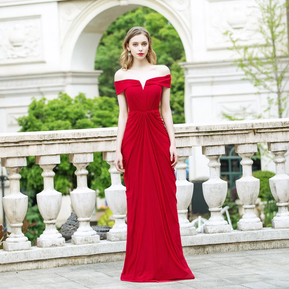 

Элегантные красные длинные платья выпускного вечера 2020 с открытыми плечами стрейч ткань плиссированные Формальные женские вечерние плать...