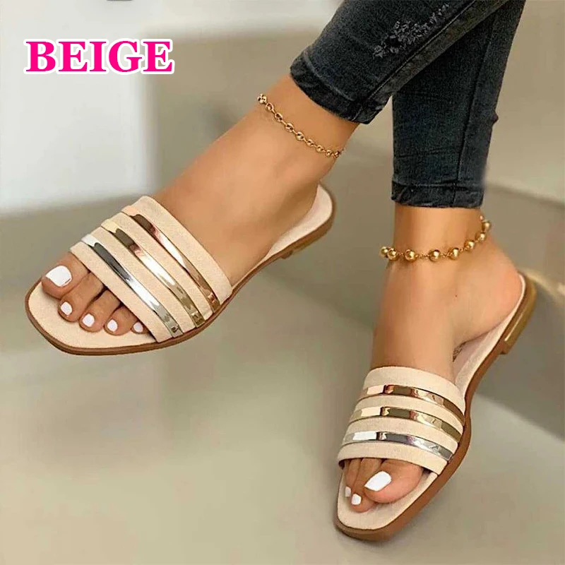 

2021 Ladies Slippers Beach Summer Shoes Bling Gold Female Flat Slides Outdoor Women Shoes Casual Ladies Sandals Plus Size 35-43
