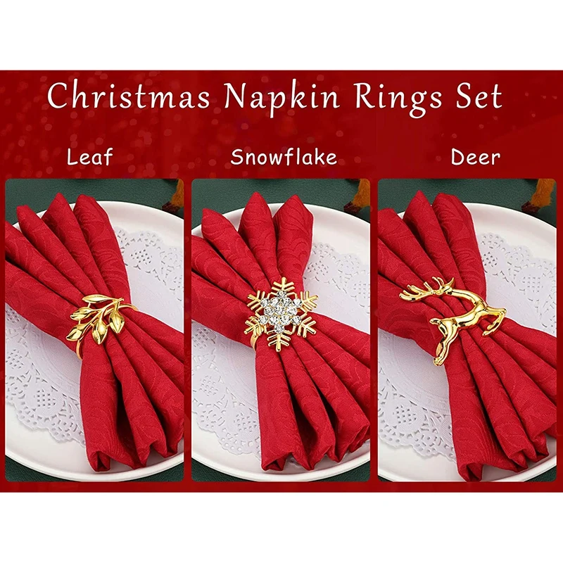 

12PCS Napkin Rings, Leaf Napkin Holders Elk Napkin ​Buckle Snowflake Napkin Ring Holders Dinner Table Rings Decoration