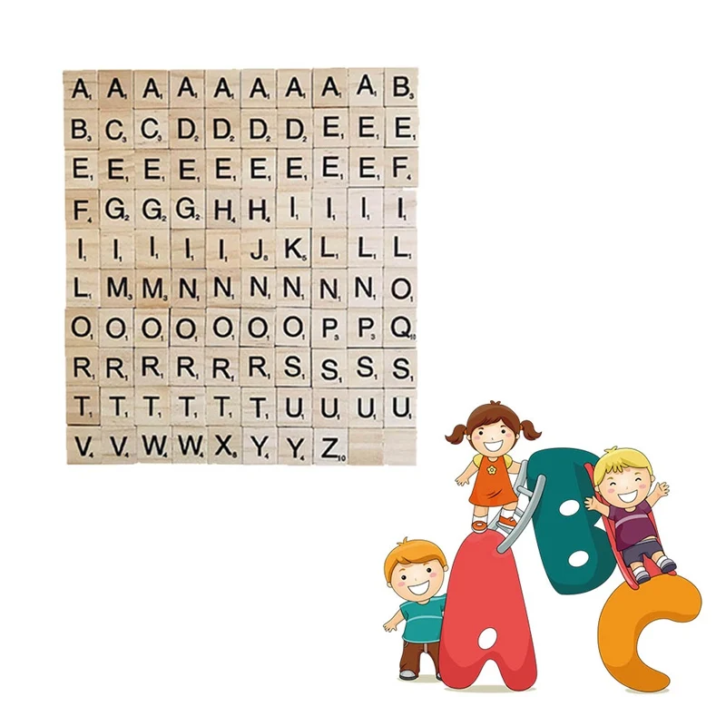 

100 pieces/pack of printed wooden blocks 26 English letters pine puzzle building blocks DIY spelling word recognition wood chips