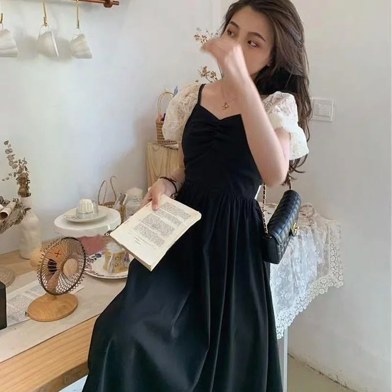 

Summer Elegant Vintage Dress Women V-neck Short Sleeve Black Dress Casual Party n Office Lady Chic Lace Vestidos