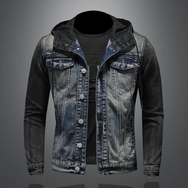 

2021 Spring and Autumn New High Quality Men's Patchwork Hooded Single Breasted Slim High Street Long Sleeve Denim Jacket