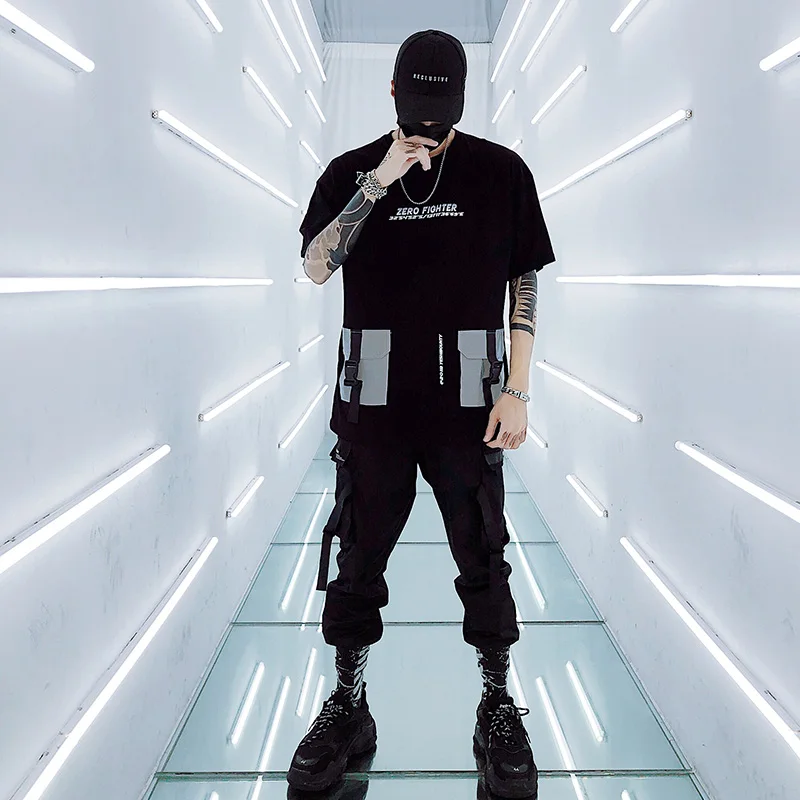 

Футболка мужская Светоотражающая Techwear, 3 м, с застежкой и несколькими карманами, в стиле хип-хоп, футболки хип хоп, в стиле Харадзюку, с коротким рукавом, патч-майки