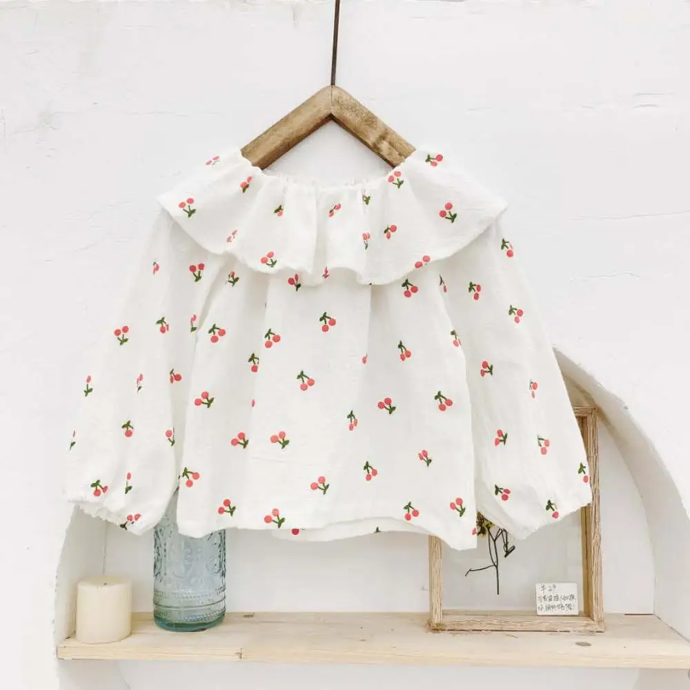 Весенне осенняя хлопковая рубашка с отворотом и длинным рукавом для девочек