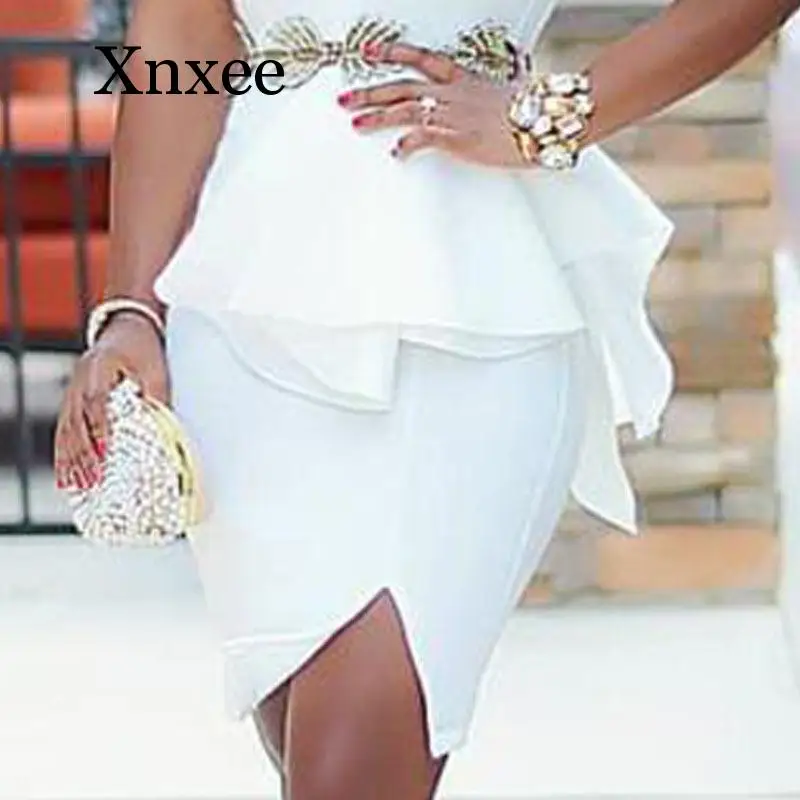 

White Bodycon Party Dress Ruffles Peplum Bare Shoulder Slit Event Occassion Stylish Dresses Robes Large Size Ladies Celebrate