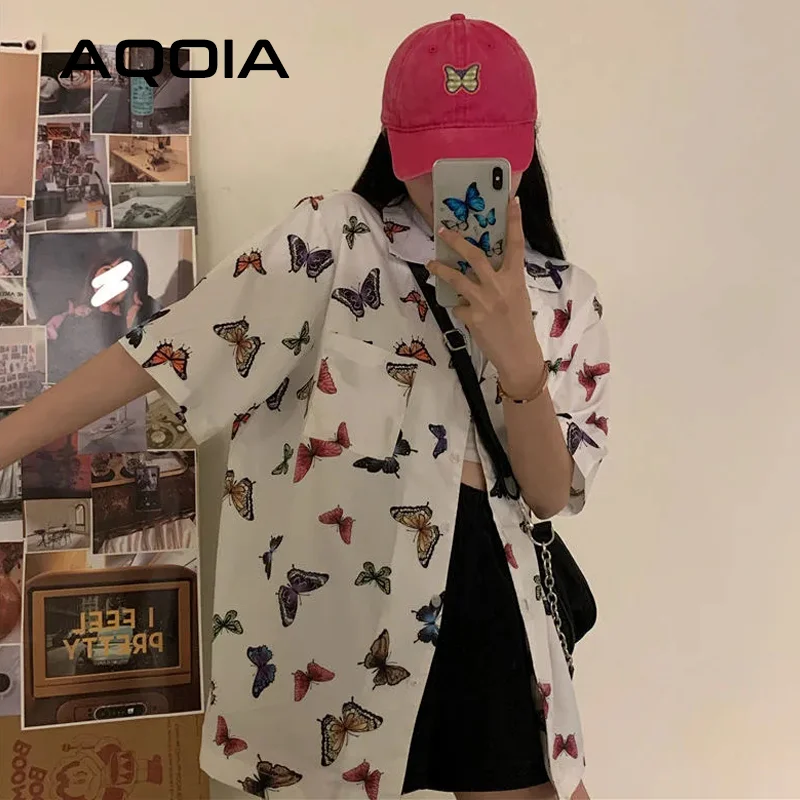 Шикарный Vitage с коротким рукавом Свободная женская блуза рубашка Y2K принтом