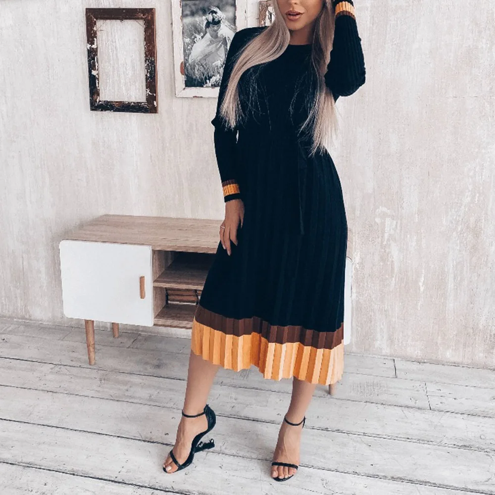 

autumn winter sweater Dresses Women Long Sleeve Dress Fashion Casual Pullover Patchwork Knitted Female A-ling long maxi Dress