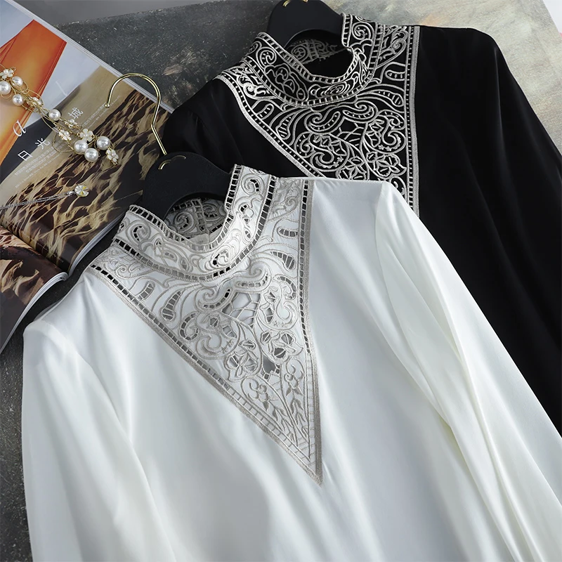 

Korean Fashion Women Hollow Out Lace Patchwork Mulberry Silk Blouses Elegant Ladies Shirt Female Casual Top Blouse Plus Size 2XL