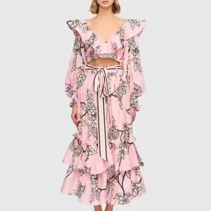 Fashion Runway 2021 Autumn Set Women Pink Ruffles Short Top+High Waist Belt Skirt Fashion Flower Printed Two Pieces Set