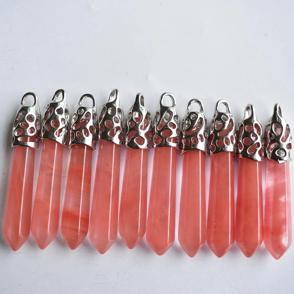 

Wholesale 10pcs/lot Fashion good quality Watermelon red stone Hexagonal pillar charms pendants 12x50mm for jewelry making