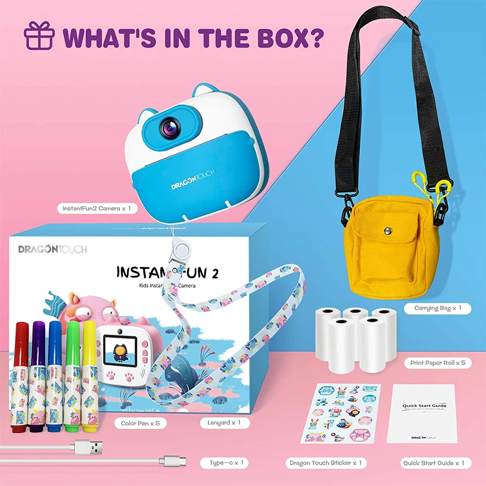 

Dragon Touch Kids Instant Print Camera for Children 1080P Digital Front & Rear Camera Kid Toy with Print Paper Gift for Girl Boy