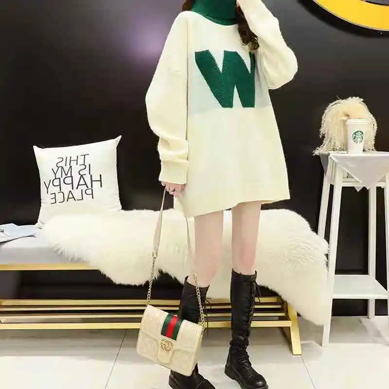 

Thickened turtle neck women's pullover autumn and winter new Korean version of loose lazy wind retro wind port wind wear tide