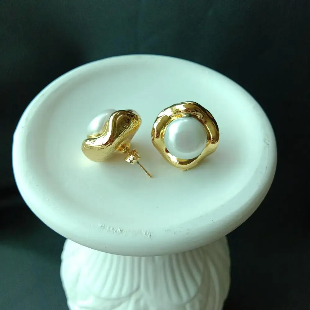

natural round Freshwater cultured pearl Gold color Plated Flower Stud Earrings hyperbole style for women