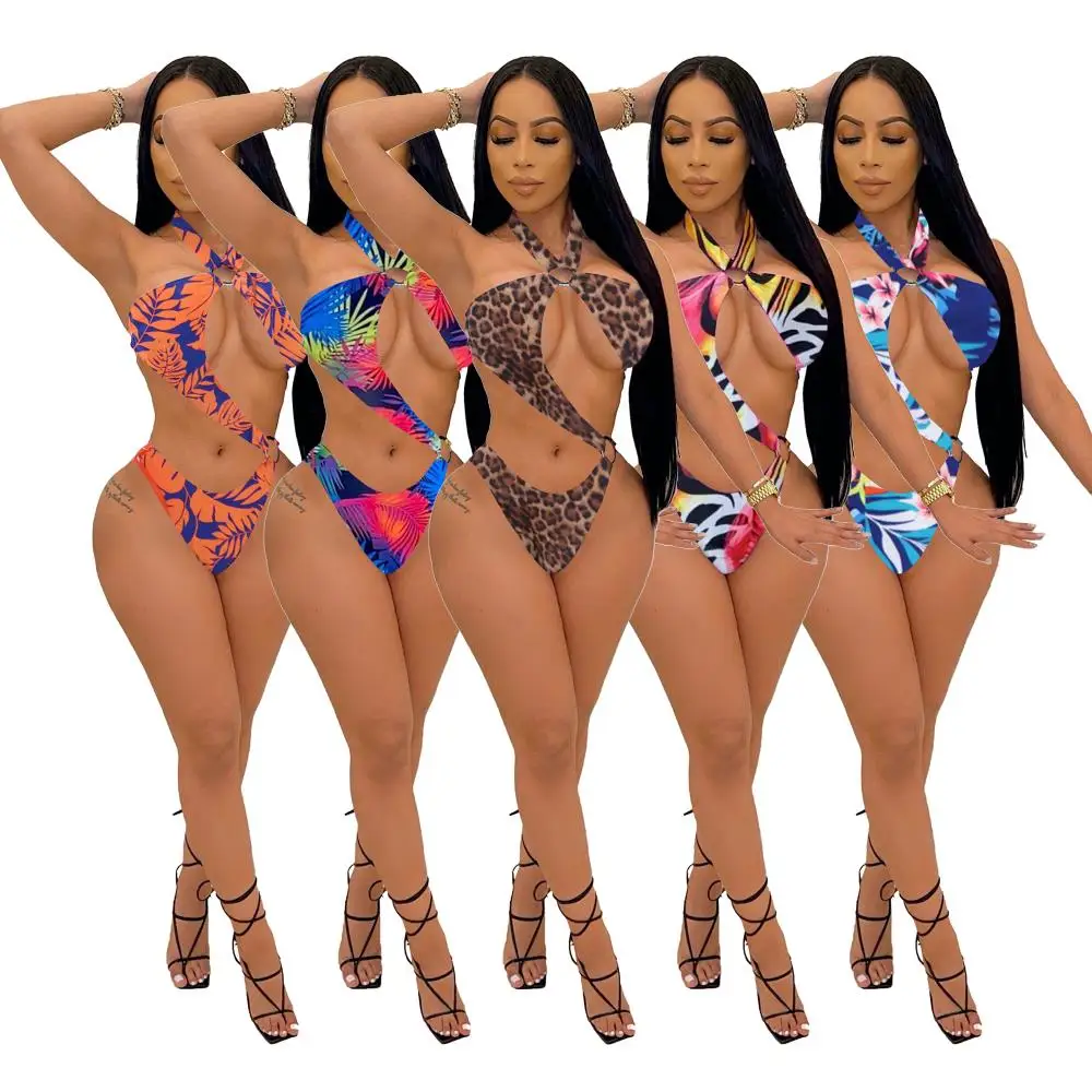 

Summer Beachwear One Piece Halter Bathing Suits Sexy Ring Linked Cut Out Swimsuits Digital Print Backless Overall Bodysuits
