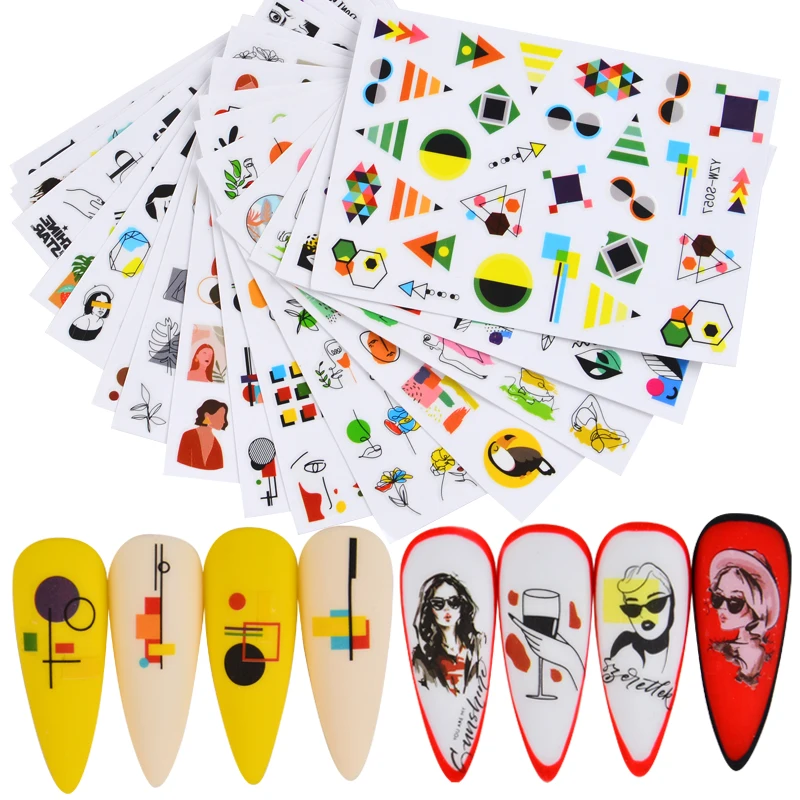 

1pcs 2021 New Design Abstract Geometry Nail Decal And Sticker Flower Leaf Face Animal Simple Summer DIY Slider For Nail Art