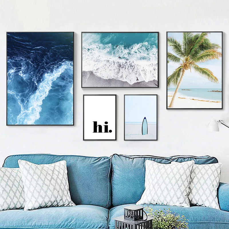 

Tropical Palm Tree Posters and Prints Ocean Wave Wall Art Quote Canvas Painting Pictures for Living Room Decor Nordic Decor Home