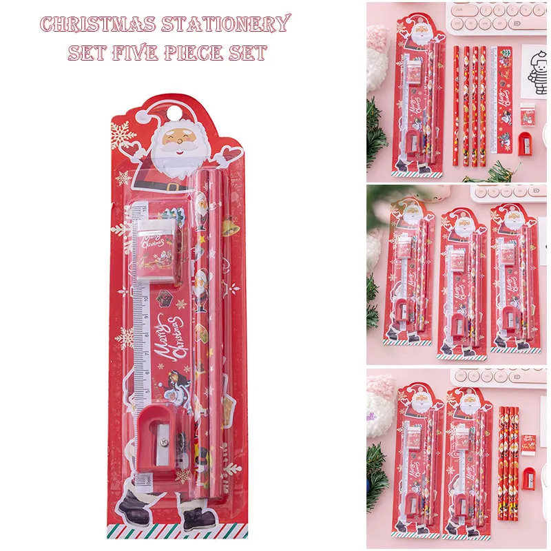 

5Pcs/Set Christmas Stationery Set Cartoon Pencil Ruler Eraser Pencil Sharpener Kids Kindergarten Pupil Student School LB