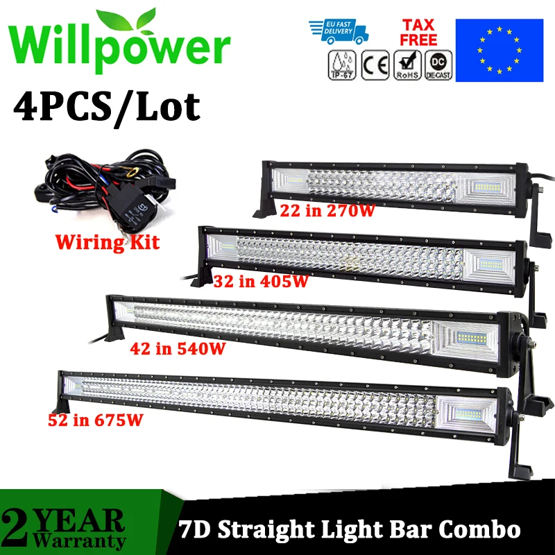 Световой индикатор Willpower, оптовая продажа, 4 шт./лот, светодиодный светильник 22 дюйма, 32 дюйма, 42 дюйма, 52 дюйма, 3 ряда, 4x4, для грузовиков, квадроциклов, автомобилей, внедорожников, дальнего света