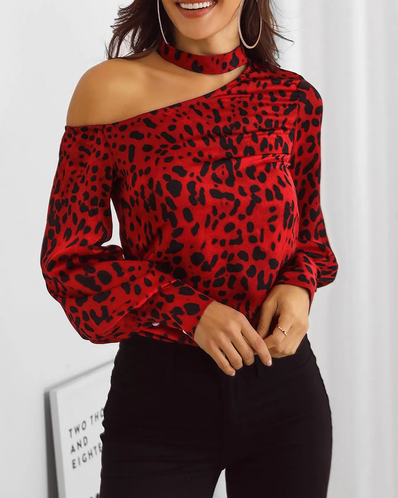 Женская блузка с рукавами фонариками и леопардовым принтом чокер топ длинными