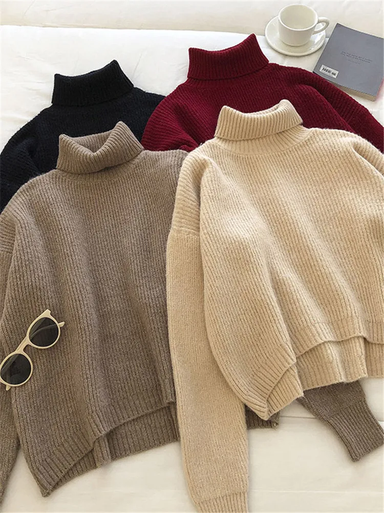 

Fall Winter Women Sweater Elegant Vintage Fashion Simple Turtleneck Top Solid Color Preppy Style Daily Female Knitted Pullovers