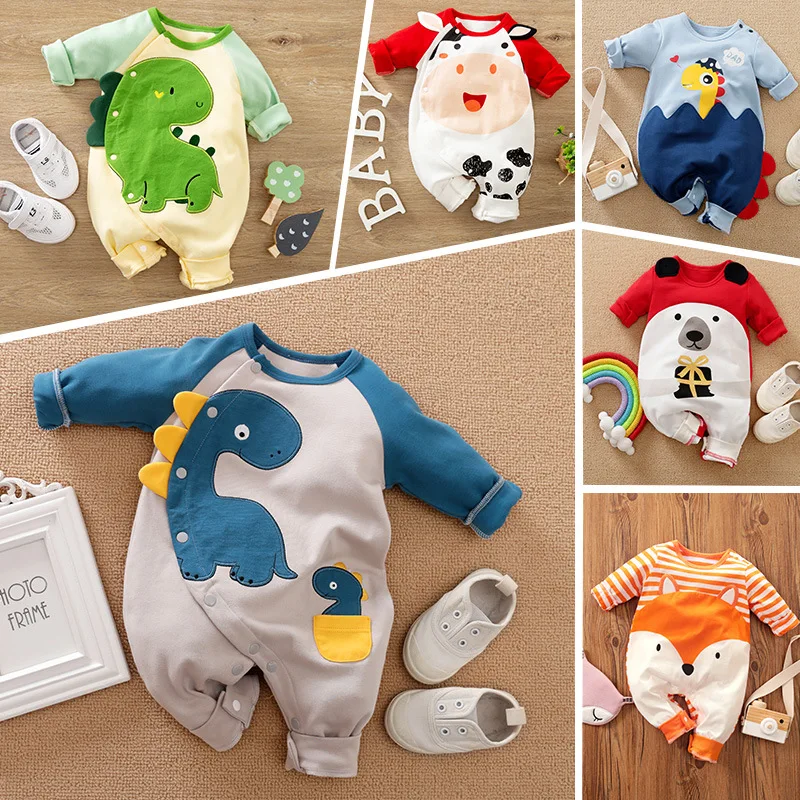 

Осенне-зимний теплый комбинезон для новорожденных с длинными рукавами и изображением динозавра