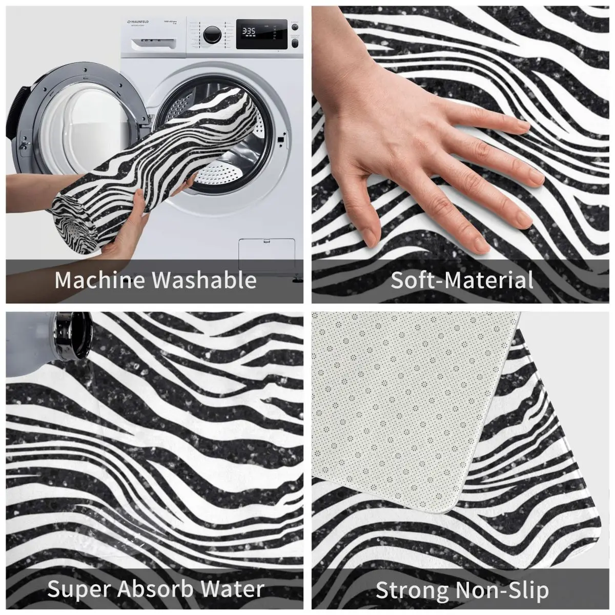 Блестящий полиэстеровый напольный коврик с зеброй для ног нескользящий прочный