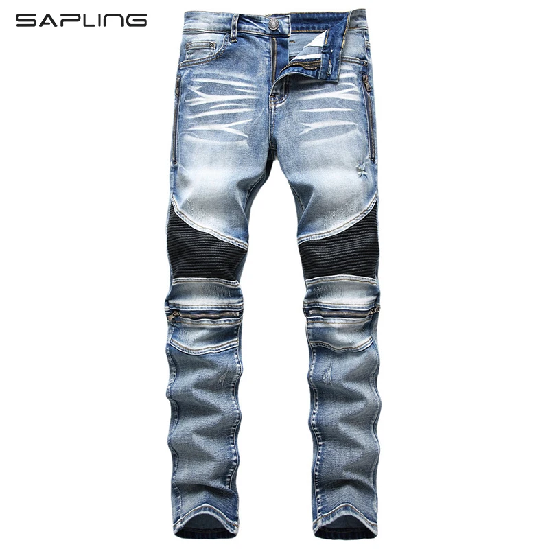 

Men Retro Jeans 2021 Fashion Hip Hop Patch Knee Rap Hole Zipped Biker Jeans Men Loose Slim Destroyed Torn Ripped Denim Man Jeans